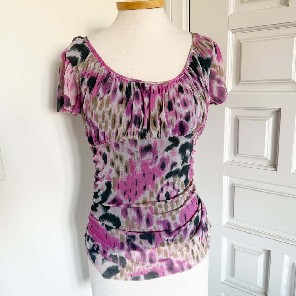 Weston Wear Top Blouse Pink Black Animal Print Flirty Romantic Scoop Neck Large